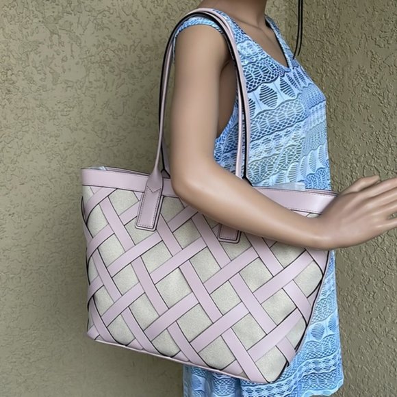 Michael Kors Sienna Large Tote Shoulder Bag Powder Blush Leather Canvas - Picture 13 of 16